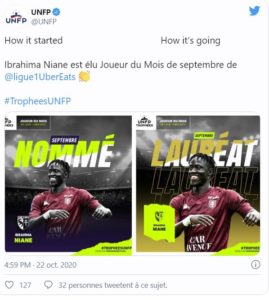 Ligue 1 : première distinction de la saison pour Ibrahima Niane