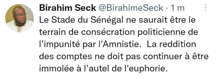 Stade Abdoulaye Wade et "amnistie" pour Karim: Birahim Seck alerte