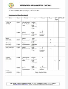 En prélude aux deux premières journées des éliminatoires de la CAN 2023, contre le Bénin (4 juin à Dakar) et le Rwanda (7 juin à Kigali), l'équipe du Sénégal débute sa préparation, ce lundi, à Diamniadio. Une première séance d'entraînement est prévue à 17h, au stade Me Abdoulaye Wade. Elle sera précédée du point de presse du sélectionneur national, Aliou Cissé. Découvrez ci-dessous le programme complet des Lions.