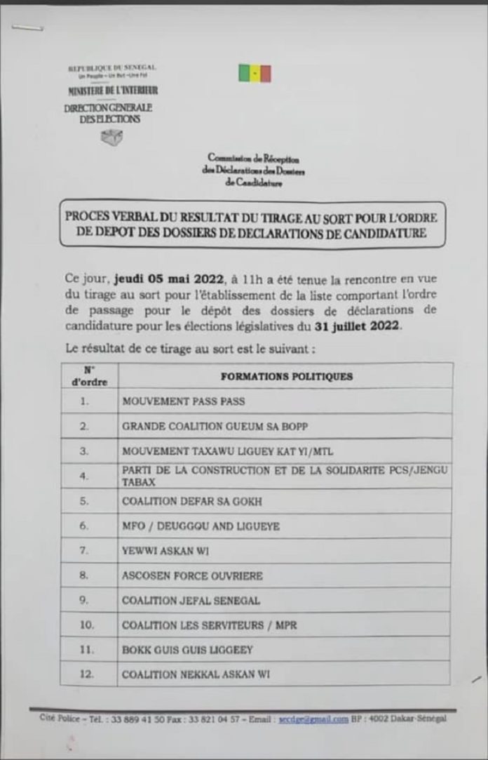 Tirage au sort de l'ordre de passage des dépôts de candidatures: YAW arrive avant AAR Sénégal et BBY