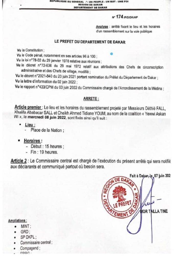 Le Préfet de Dakar ne s'oppose pas à la manifestation de la coalition Yewwi Askan Wi (Arrêté)